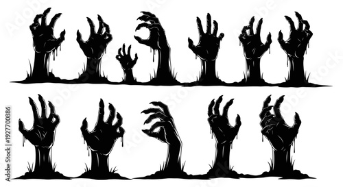 A collection of spooky, silhouetted zombie hands emerging from the ground, perfect for Halloween or horror themes.