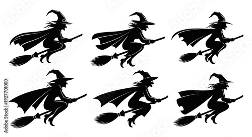 Six black silhouette illustrations of a witch flying on a broomstick against a white background, depicting variations in pose and cape movement.