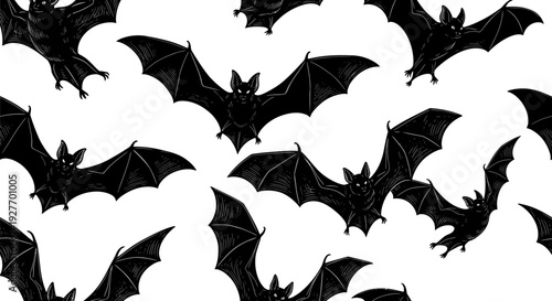 A collection of detailed black bat illustrations scattered across a white background.