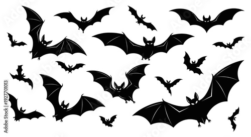 A collection of black bat silhouettes in various flying poses against a white background, evoking a spooky Halloween theme.
