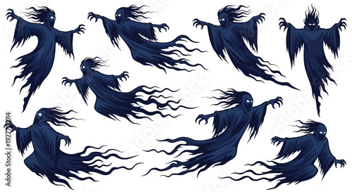 A collection of dark, shadowy figures resembling ghosts or specters, depicted in various dynamic poses with flowing, tattered robes and glowing eyes.