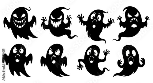 A collection of eight black cartoon ghost illustrations with various spooky and surprised facial expressions.