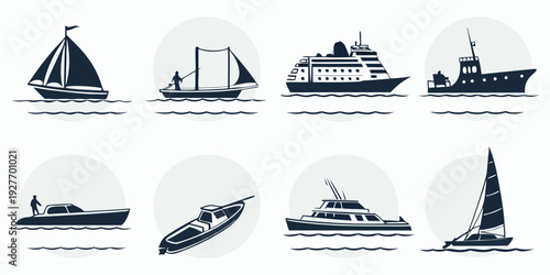 A diverse collection of eight different types of boats sailing on the water Vector