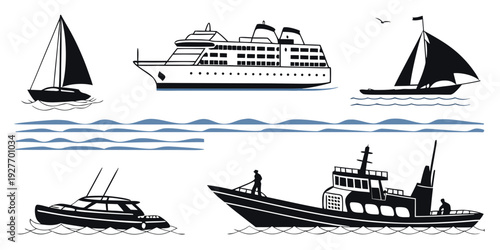 Illustration of various boats and ships sailing on the ocean. Vector