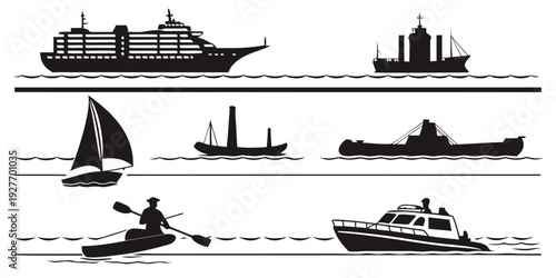 A diverse collection of various types of boats and ships sailing on the water Vector
