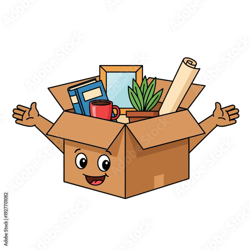 Happy Cardboard Box Character Full of Household Items, Moving Concept