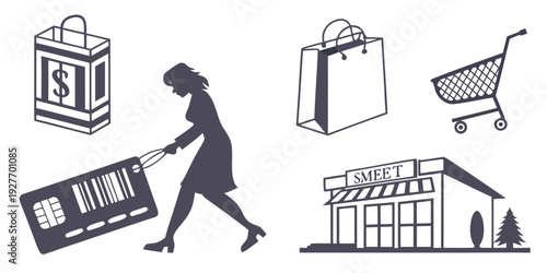A woman shopping with various retail icons surrounding her Vector