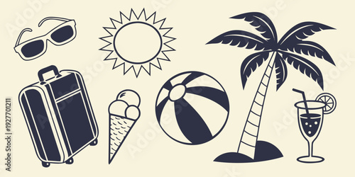 Vacation essentials including luggage, beach ball, and palm trees Vector