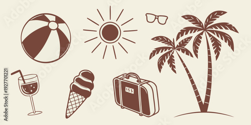 Vacation essentials including a beach ball, umbrella, and cocktail Vector