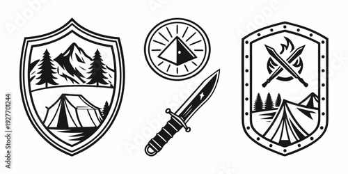 Three shields with symbols and a dagger in the center on a white background Vector