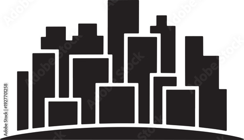 Minimalist city block silhouette with layered buildings on curved horizon for graphic design