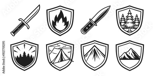 A collection of eight distinct heraldic shields with unique symbols and designs Vector