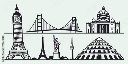 Iconic landmarks from around the world depicted in a simple line art style Vector