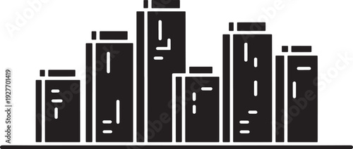 Modern skyscraper silhouette set with window details and rooftop structures for urban design