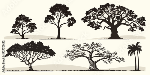 A collection of various types of trees in a simple black and white illustration Vector