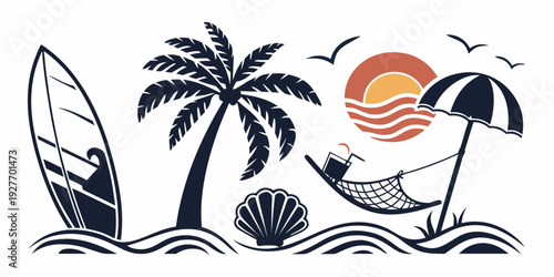 A serene beach scene with palm trees and a sunset, featuring a couple enjoying the view Vector