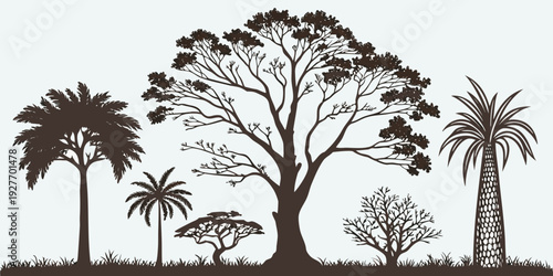 A serene landscape featuring a variety of trees with lush foliage and a clear sky. Vector