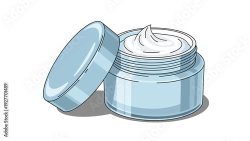 Open jar of cosmetic face cream or moisturizing body lotion with a smooth white swirl of product inside a light blue container with lid.
