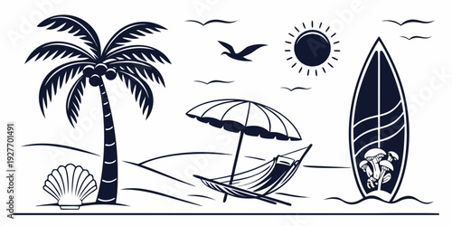 A serene beach scene featuring palm trees, a sailboat, and a starry night sky. Vector