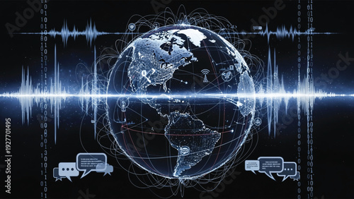 A futuristic illustration of the earth with digital waveform and chat bubbles.
