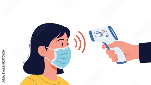 Close up profile of a woman in a medical mask having her body temperature checked with a non-contact infrared digital thermometer device.