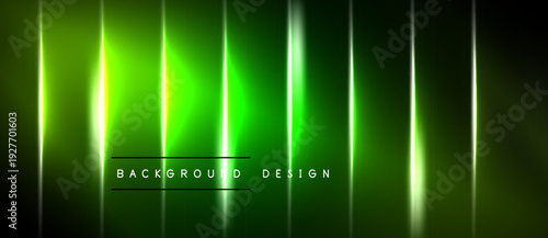 Bright neon vertical lines over dark background. Modern design element, vibrant green hues, abstract illumination. Background text reads background design.