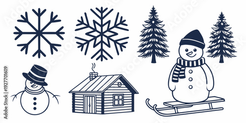 A charming winter scene featuring a cozy house surrounded by snow-covered trees and various snowflakes. Vector
