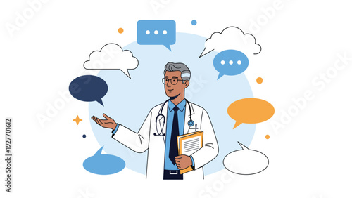 Mature male doctor in a white coat surrounded by various colorful speech bubbles and thought clouds, representing communication and medical advice.