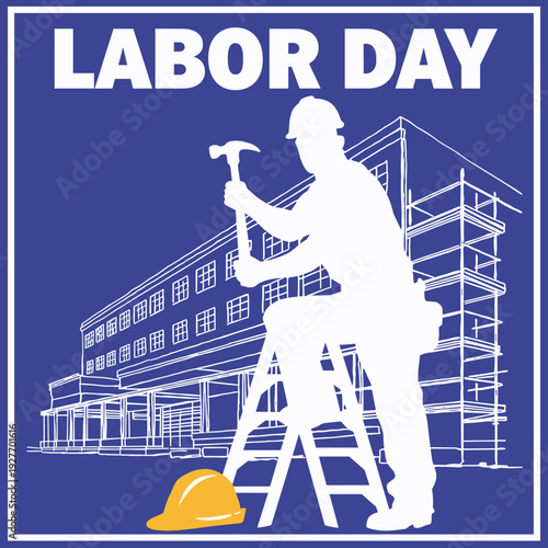 Labor Day Construction Worker Silhouette on Blue Background