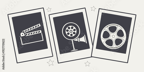 Three vintage film reels displayed on a table, showcasing the art of classic cinema Vector