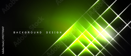 Bright green lines intersect dark background. Gradient effect creates luminous central point. Modern abstract design element.