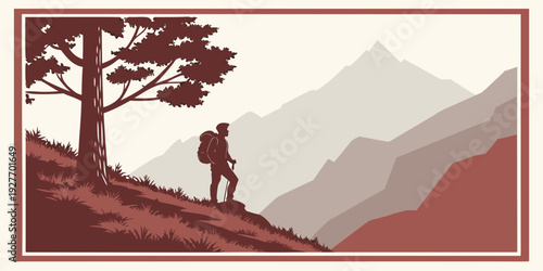 A lone hiker ascends a mountain trail with a scenic view of snow-capped peaks. Vector