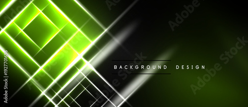 Abstract neon lines create dynamic geometric pattern. Dark background emphasizes bright green, white illumination. Modern design element.