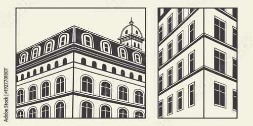 A detailed illustration of a large, historic building with intricate architectural features Vector