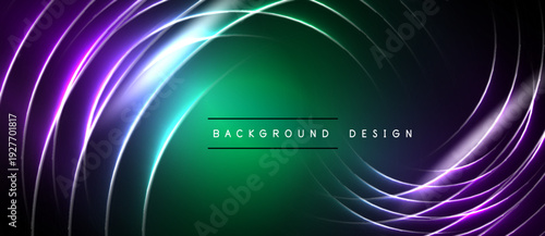 Abstract swirling lines create dynamic green, purple glow. Modern design element for backgrounds, presentations. Simple text reads background design.