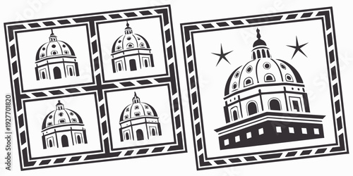 A diverse collection of cartoon characters and architectural structures. Vector