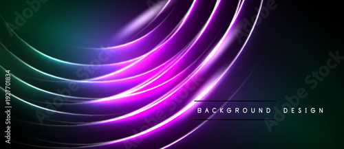 Abstract design features flowing purple light curves against dark background. Gradient transitions create dynamic visual effect. Modern, sleek presentation.
