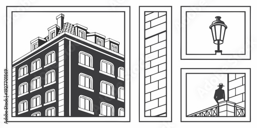 A detailed sketch of a historic building with architectural drawings and a lamp post Vector