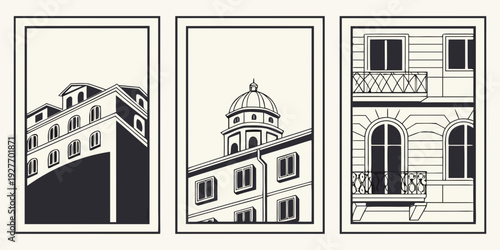 Three distinct architectural structures showcasing diverse design elements and styles Vector