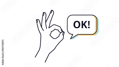 Simple line drawing of a hand making an OK gesture next to a small speech bubble containing the word OK! for positive feedback or agreement.