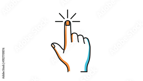 Detailed hand cursor icon in a pointing gesture with an orange and blue highlight effect and lines indicating a click or selection action.