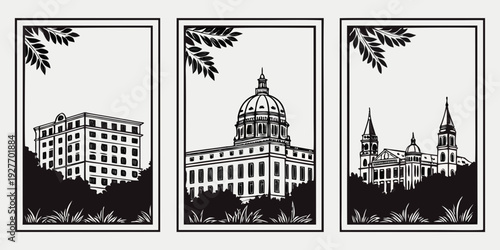 Three iconic buildings with flags fluttering in the wind Vector