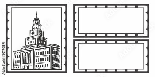 A detailed illustration of a historic building with a clock tower and a blank document. Vector