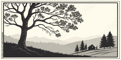 A serene landscape with a lone tree and a horse-drawn carriage on a dirt road Vector