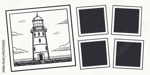 A picturesque lighthouse standing tall on a rocky shore with the ocean in the background Vector