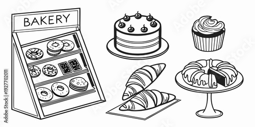 Assorted pastries and cakes displayed on a table and in a bakery window Vector