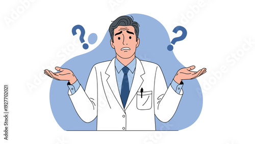 Male doctor in a white coat shrugging shoulders with confused expression and question marks on a blue background.