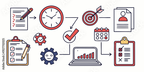Illustration of various icons representing project management and productivity. Vector