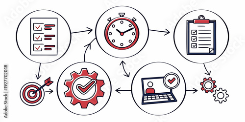 Illustration of a process involving people, documents, and a virus. Vector