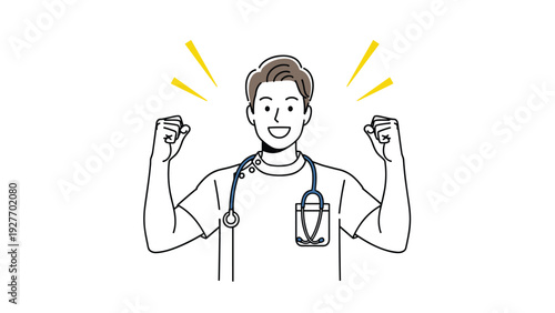 Cheerful male medical professional with a stethoscope raising fists in a gesture of success and victory on a white background.